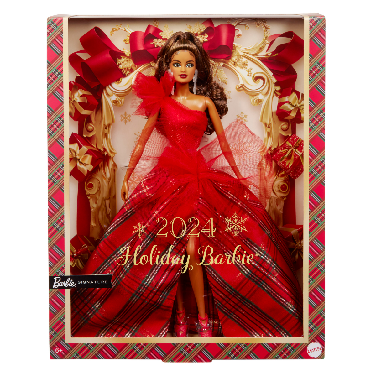 slide 1 of 21, 2024 Holiday Barbie Doll Brown Hair, 1 ct