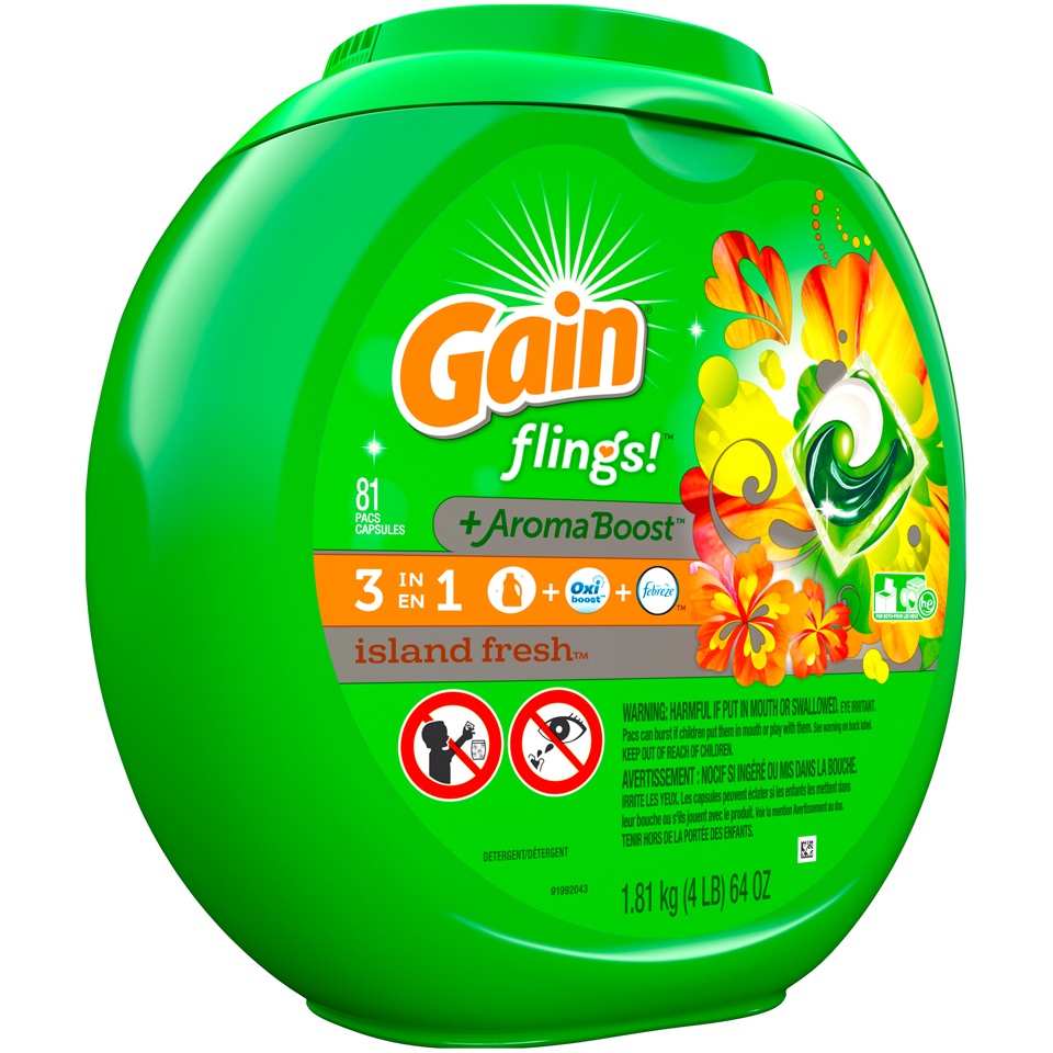slide 2 of 2, Gain Flings Liquid Laundry Detergent, Island Fresh Scent, HE Compatible, 81 ct