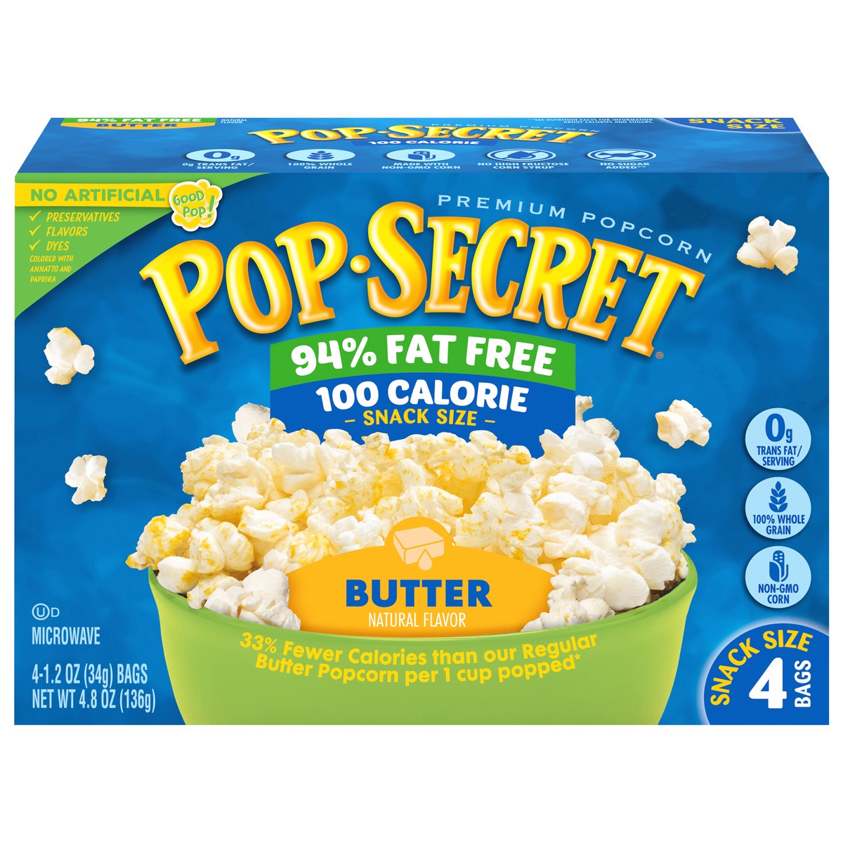 slide 1 of 5, Pop-Secret Snack Size Premium Butter Popcorn Snack Size 4 ea, 4 ct