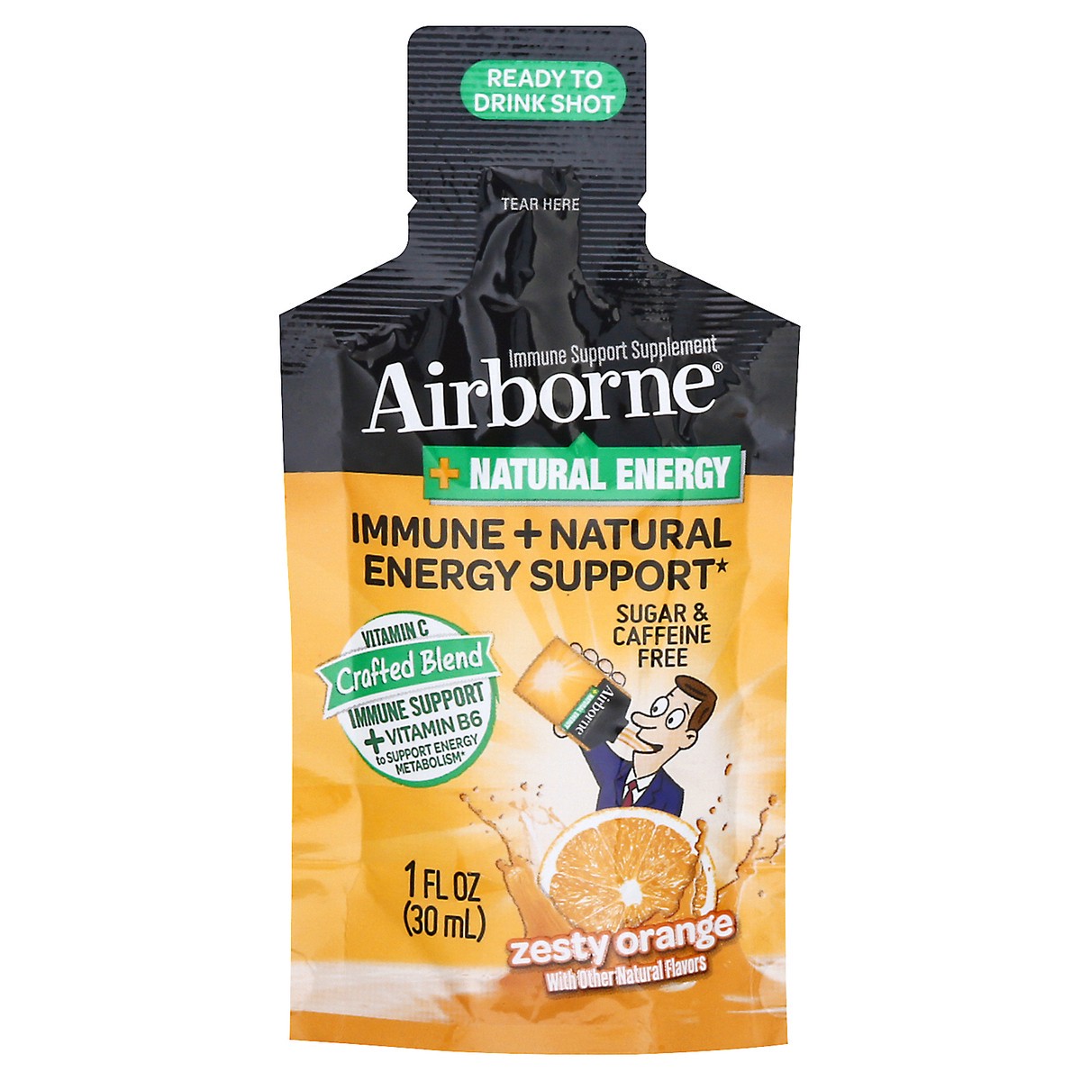 slide 1 of 9, Airborne Plus Natural Energy Liquid Shot with Vitamin C - Zesty Orange, 1 oz