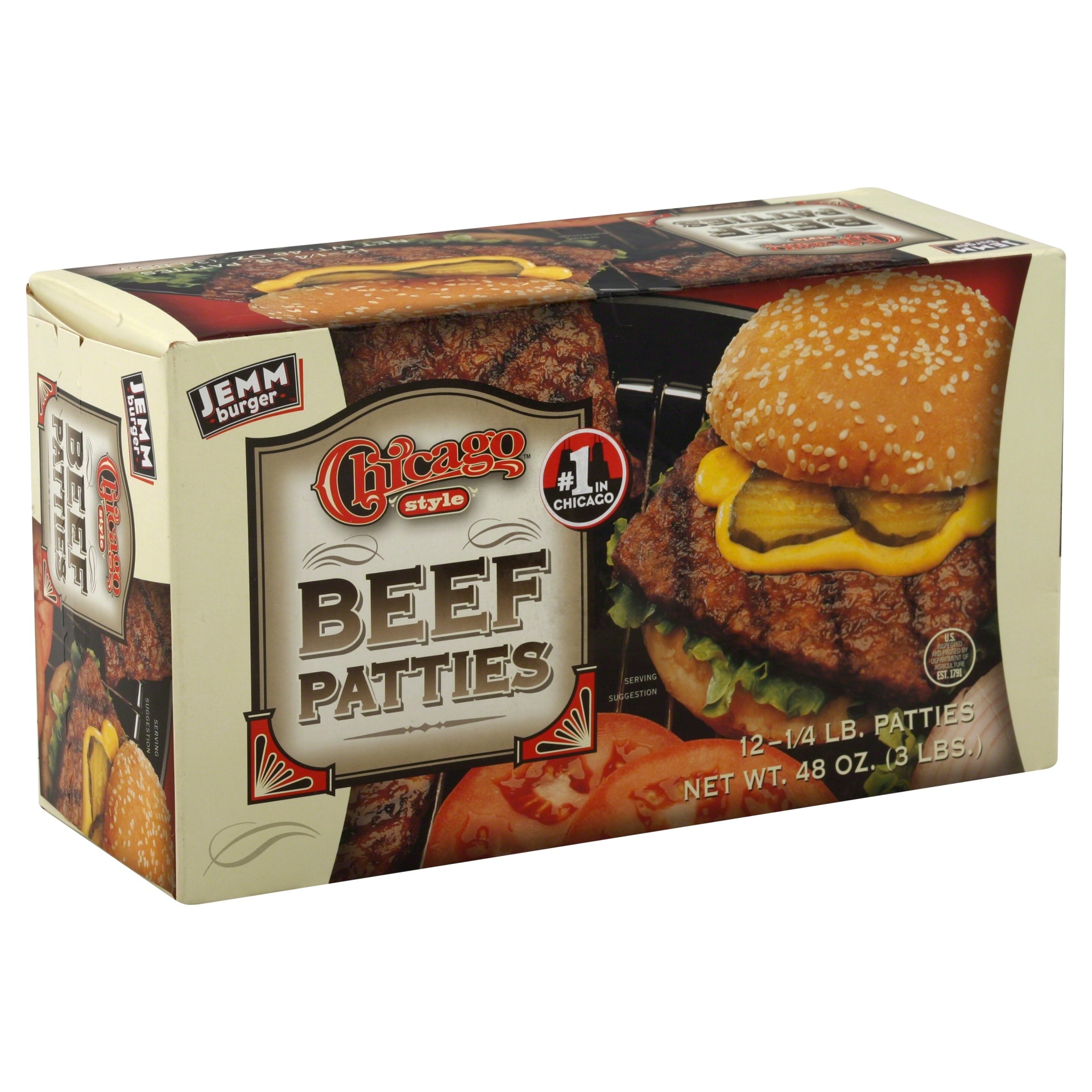 slide 1 of 1, Jemm Burger Chicago Style Beef Patties - Frozen, 48 oz