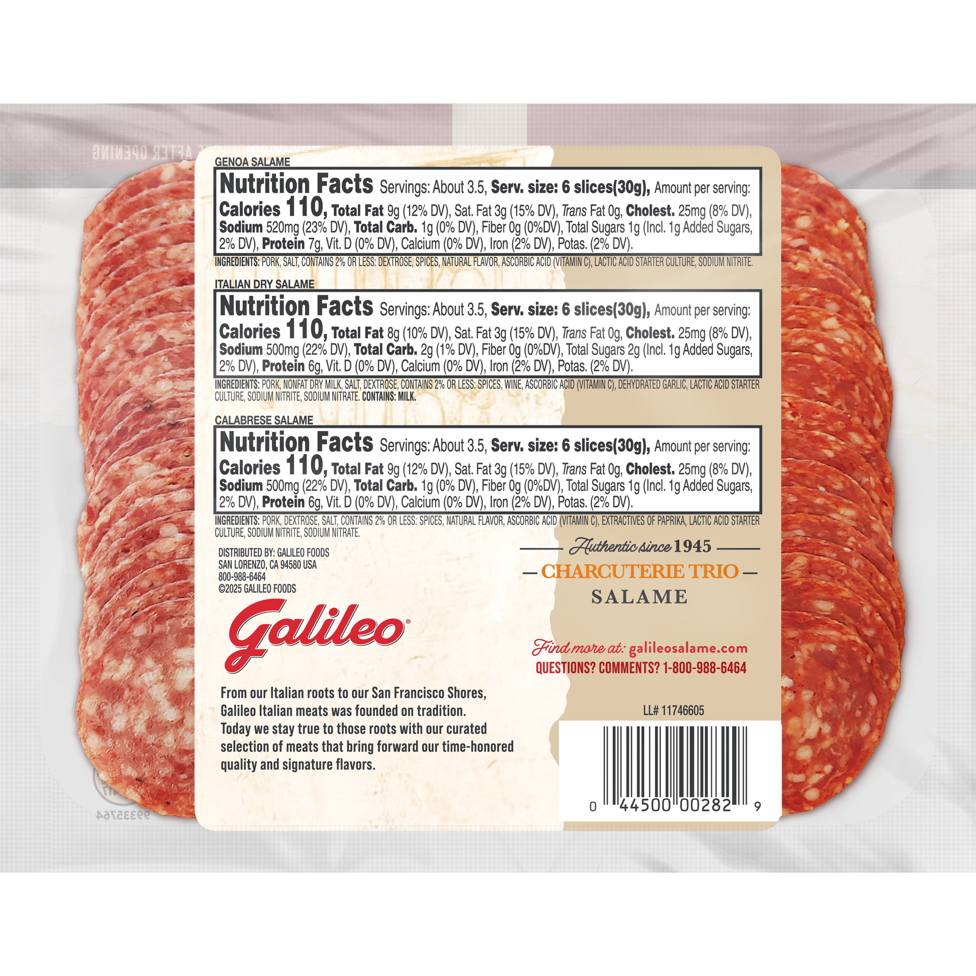 slide 4 of 5, Galileo Charcuterie Trio (Genoa, Italian Dry, Calabrese), 340.19 g