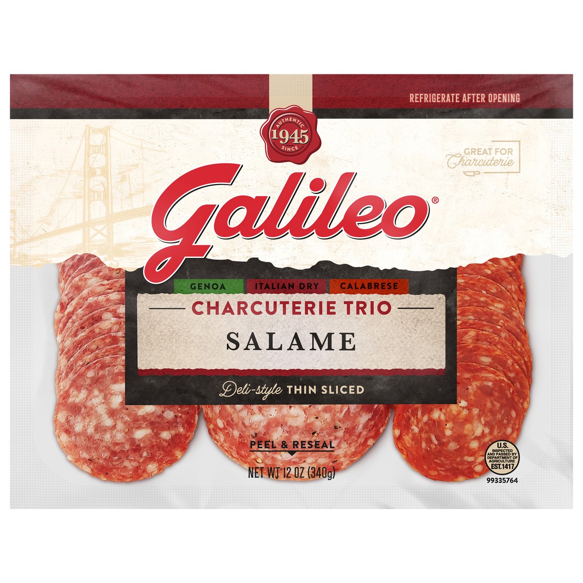 slide 1 of 5, Galileo Charcuterie Trio (Genoa, Italian Dry, Calabrese), 340.19 g