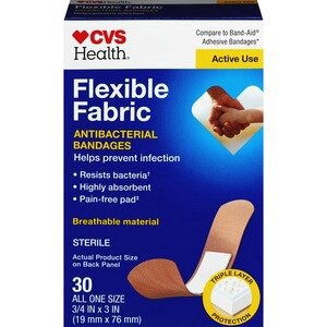 slide 1 of 1, Cvs Health Flexible Fabric Anti-Bacterial Bandages, One Size, 30 Ct, 1 ct