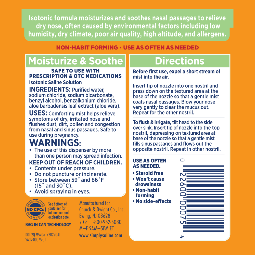 slide 3 of 6, ARM & HAMMER Simply Saline Moisturize & Soothe Nasal Mist, Drug-Free Moisturizing Saline Nasal Spray for Instant Relief for Dry Nose, 4.6 Oz (130 g), 4.6 oz