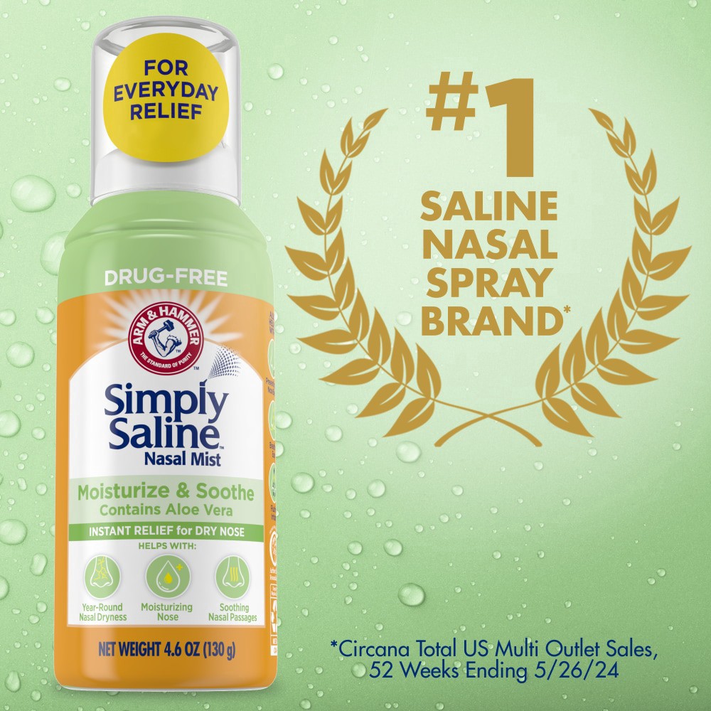 slide 6 of 6, ARM & HAMMER Simply Saline Moisturize & Soothe Nasal Mist, Drug-Free Moisturizing Saline Nasal Spray for Instant Relief for Dry Nose, 4.6 Oz (130 g), 4.6 oz