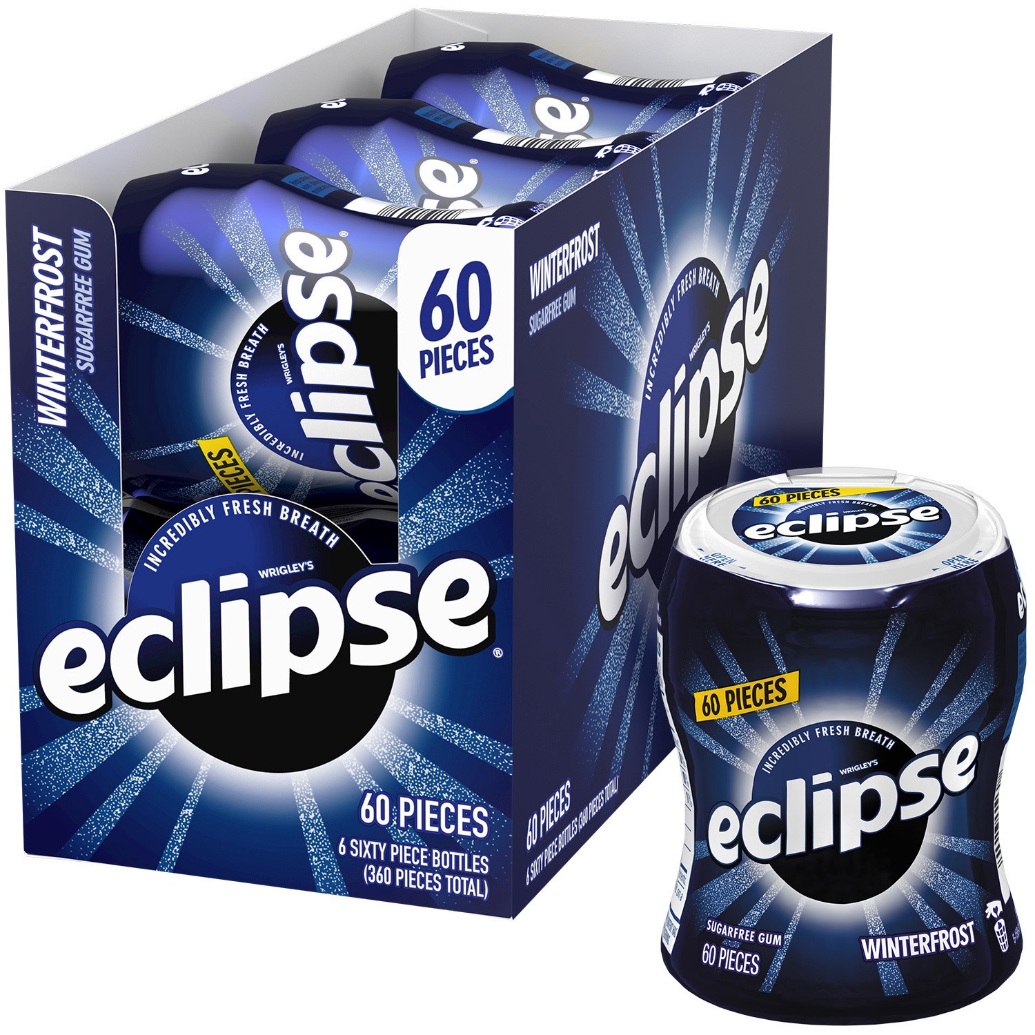 slide 1 of 5, ECLIPSE Winterfrost Sugarfree Gum, 60 piece bottle 6-Pack, 360 pc