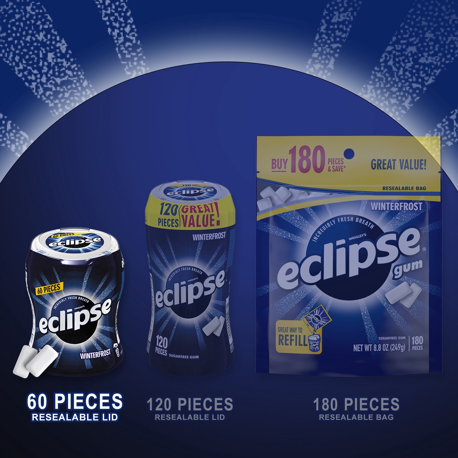 slide 5 of 5, Eclipse Winterfrost Sugarfree Gum, 60 piece bottle 6-Pack, 360 pc