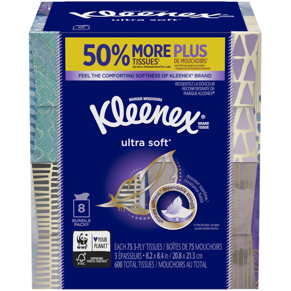 slide 1 of 1, Kleenex Ultra Soft Facial Tissues, Cube Box, 75 Tissues per Cube Box, 8 ct