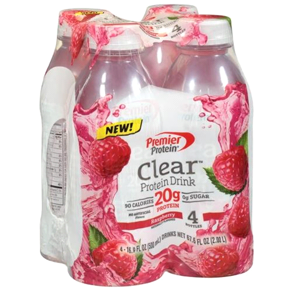 slide 1 of 1, Premier Protein Clear Raspberry Protein Drink, 4 ct; 16.9 fl oz