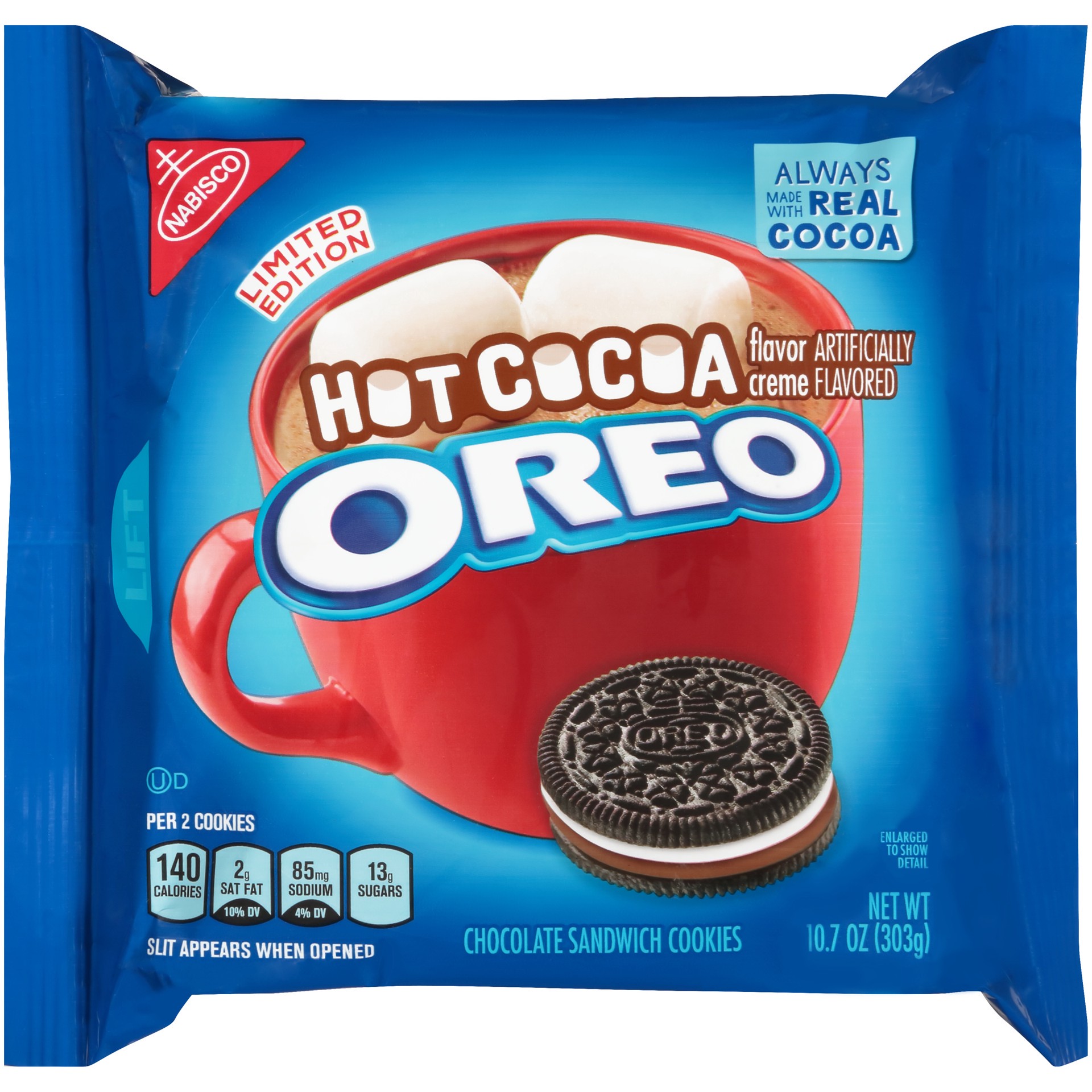 slide 1 of 5, OREO Chocolate Sandwich Cookies, Hot Cocoa Flavored Creme, Limited Edition, 1 Resealable 10.7 oz Pack, 0.7 lb