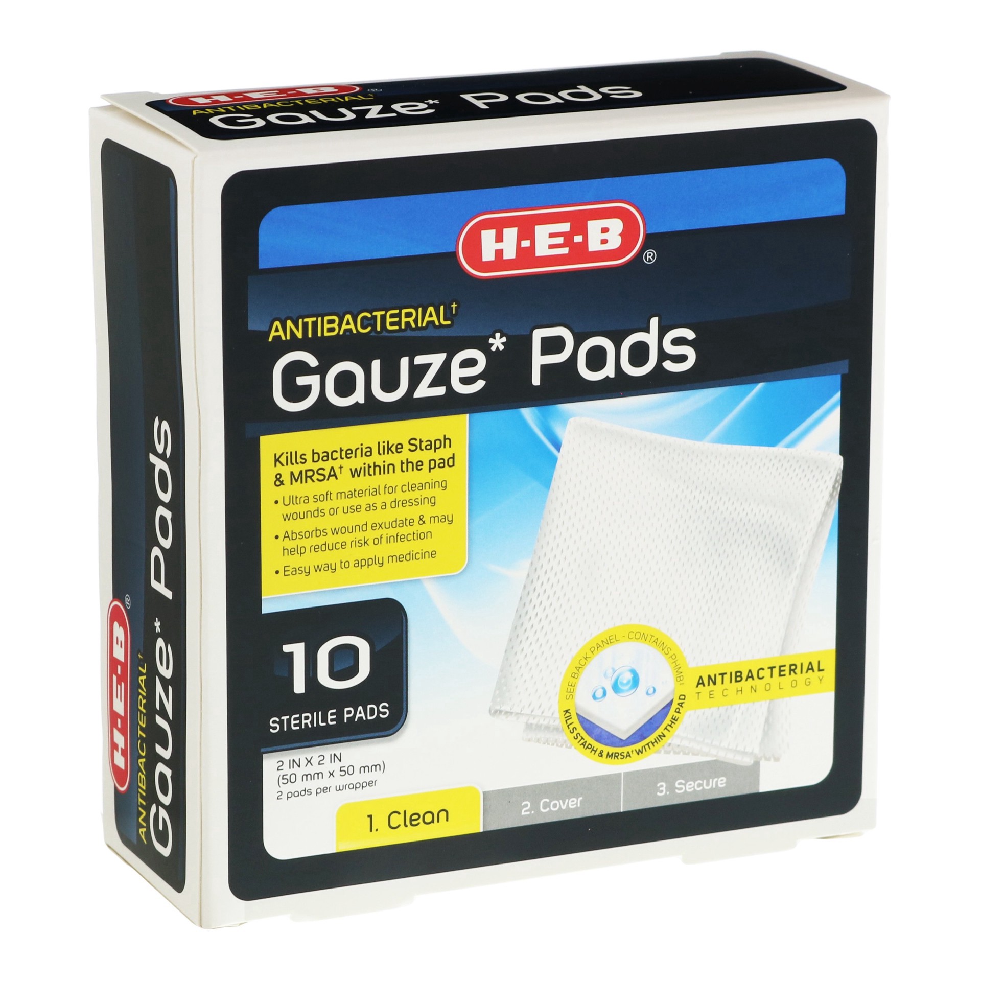 slide 1 of 1, H-E-B 2'' x 2'' Antibacterial Gauze Pads, 10 ct