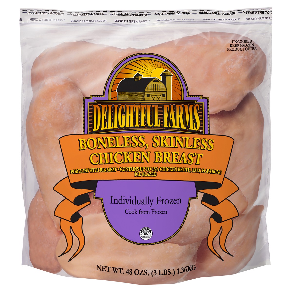 slide 6 of 10, Delightful Farms Uncooked Boneless Skinless Chicken Breasts, 3 lb. (Frozen), 1.36 kg