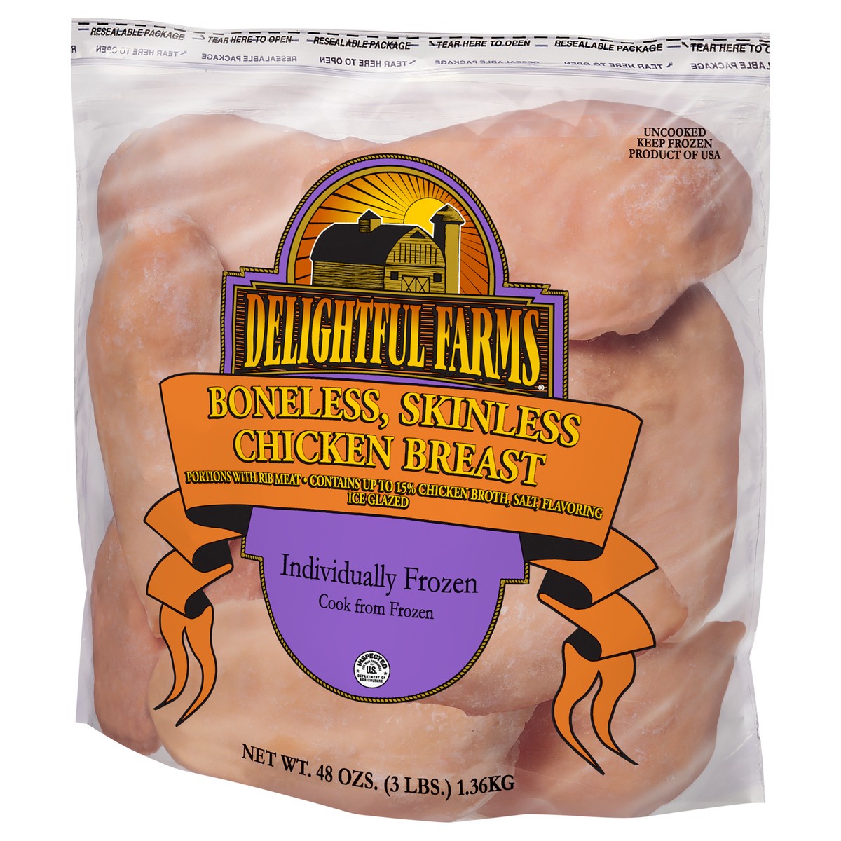 slide 7 of 10, Delightful Farms Uncooked Boneless Skinless Chicken Breasts, 3 lb. (Frozen), 1.36 kg