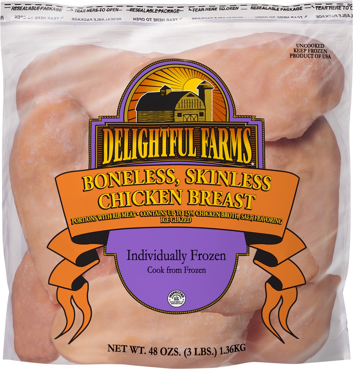 slide 8 of 10, Delightful Farms Uncooked Boneless Skinless Chicken Breasts, 3 lb. (Frozen), 1.36 kg