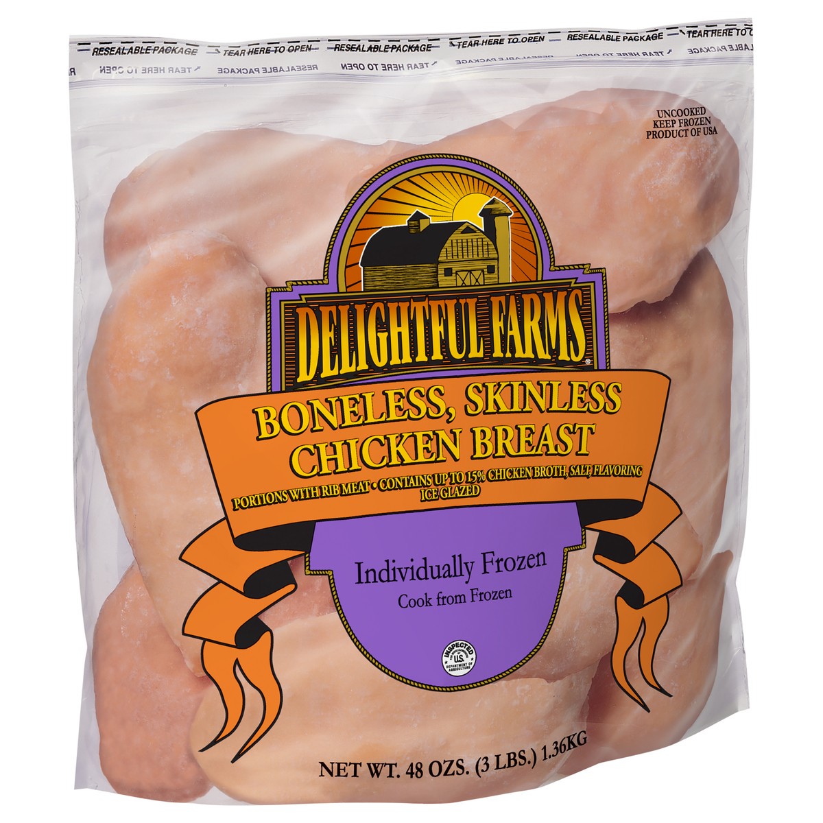 slide 10 of 10, Delightful Farms Uncooked Boneless Skinless Chicken Breasts, 3 lb. (Frozen), 1.36 kg