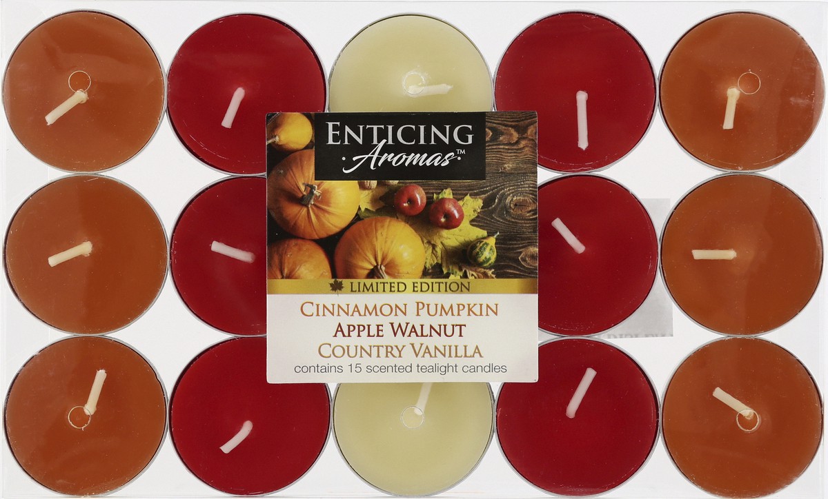 slide 1 of 10, Enticing Aromas Cinnamon Pumpkin/Apple Walnut/Country Vanilla Tealight Candles 15 ea, 15 ct