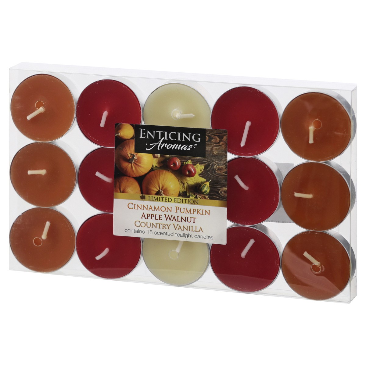 slide 4 of 10, Enticing Aromas Cinnamon Pumpkin/Apple Walnut/Country Vanilla Tealight Candles 15 ea, 15 ct