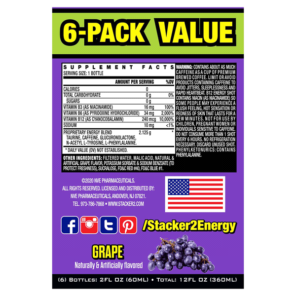 slide 10 of 13, Stacker 2 B12 10,000% Energy Shots Grape flavor - 6 ct, 6 ct