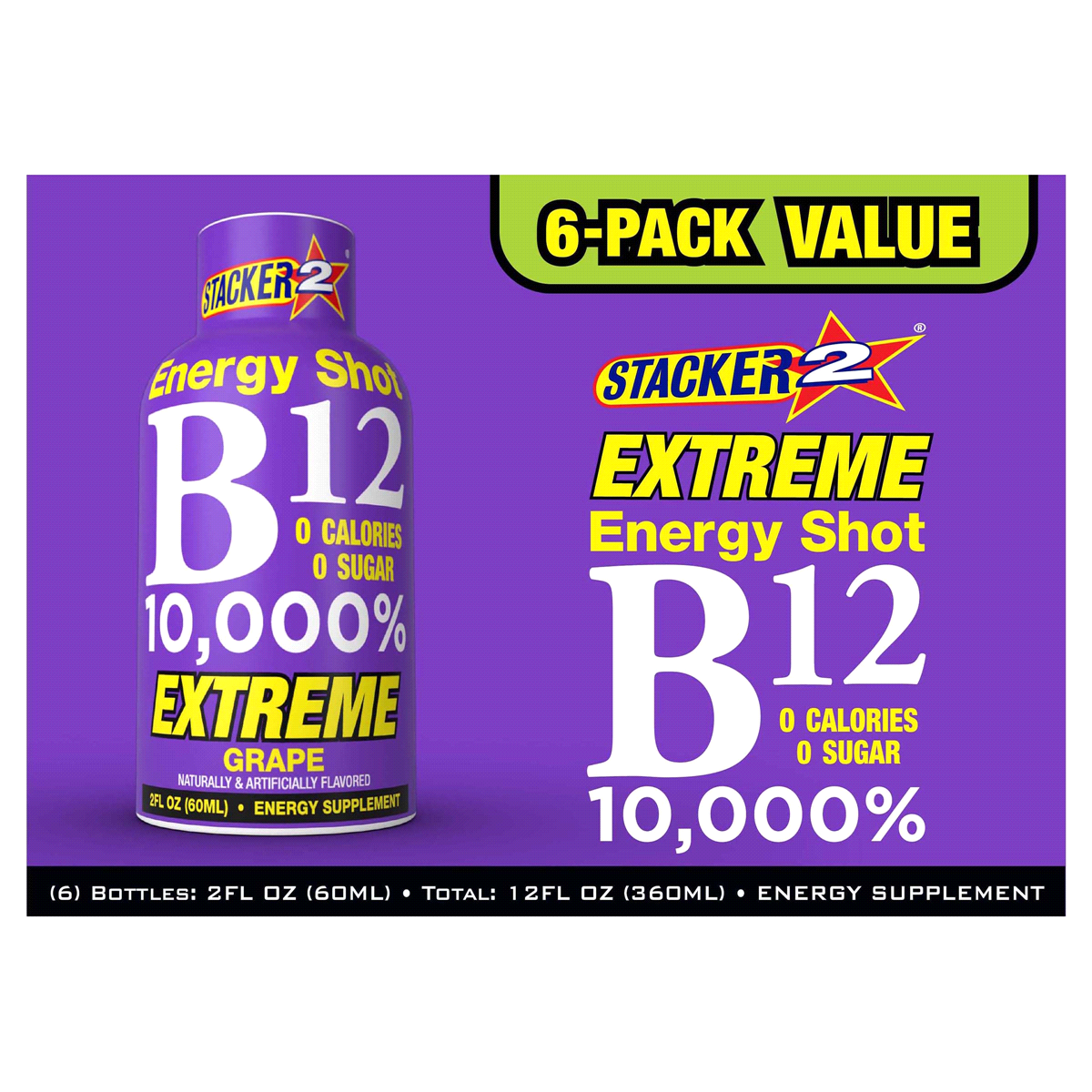 slide 1 of 13, Stacker 2 B12 10,000% Energy Shots Grape flavor - 6 ct, 6 ct