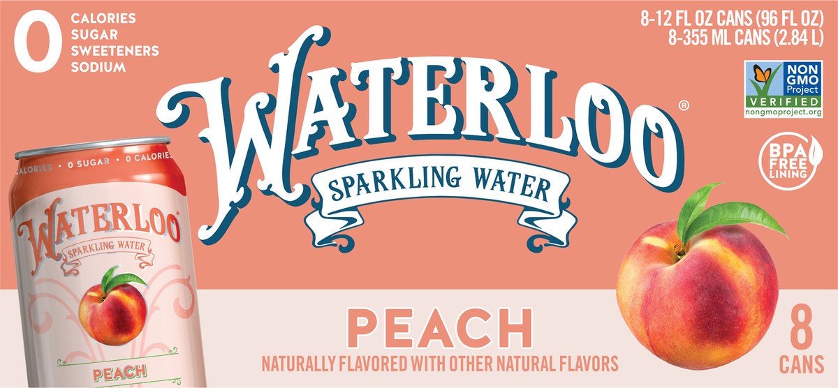 slide 2 of 2, Waterloo Peach Sparkling Water 8 - 12 fl oz Cans, 1 ct
