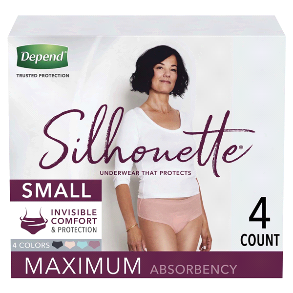 slide 1 of 1, Depend Silhouette Incontinence Underwear for Women, Maximum Absorbency - Small - Pink/Black/Teal/Berry, 4 ct