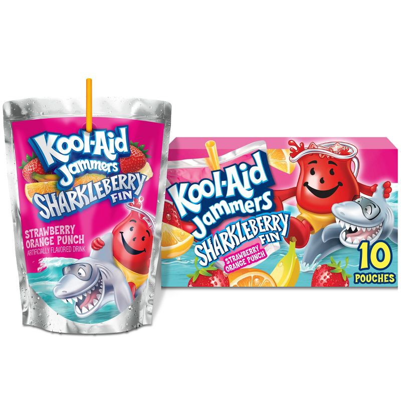 slide 1 of 9, Kool-Aid Jammers Sharkleberry Fin Strawberry Orange Punch Juice Boxes - 10pk/6 fl oz Pouches, 10 ct; 6 fl oz