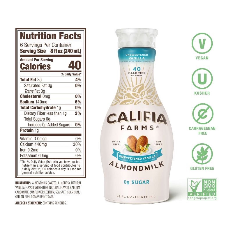 slide 5 of 6, Califia Farms Unsweetened Vanilla Almond Milk - 48 fl oz, 48 fl oz