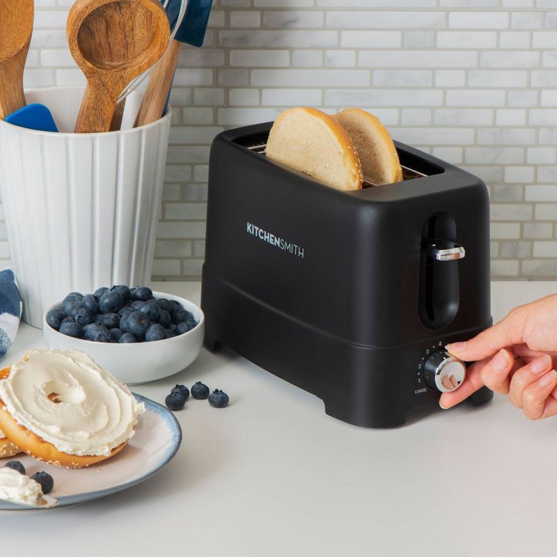 slide 4 of 7, KitchenSmith by Bella 2 Slice Toaster: Black, Bagel & Bread Warmer, 750W, Compact Design, 2-Year Warranty, 1 ct