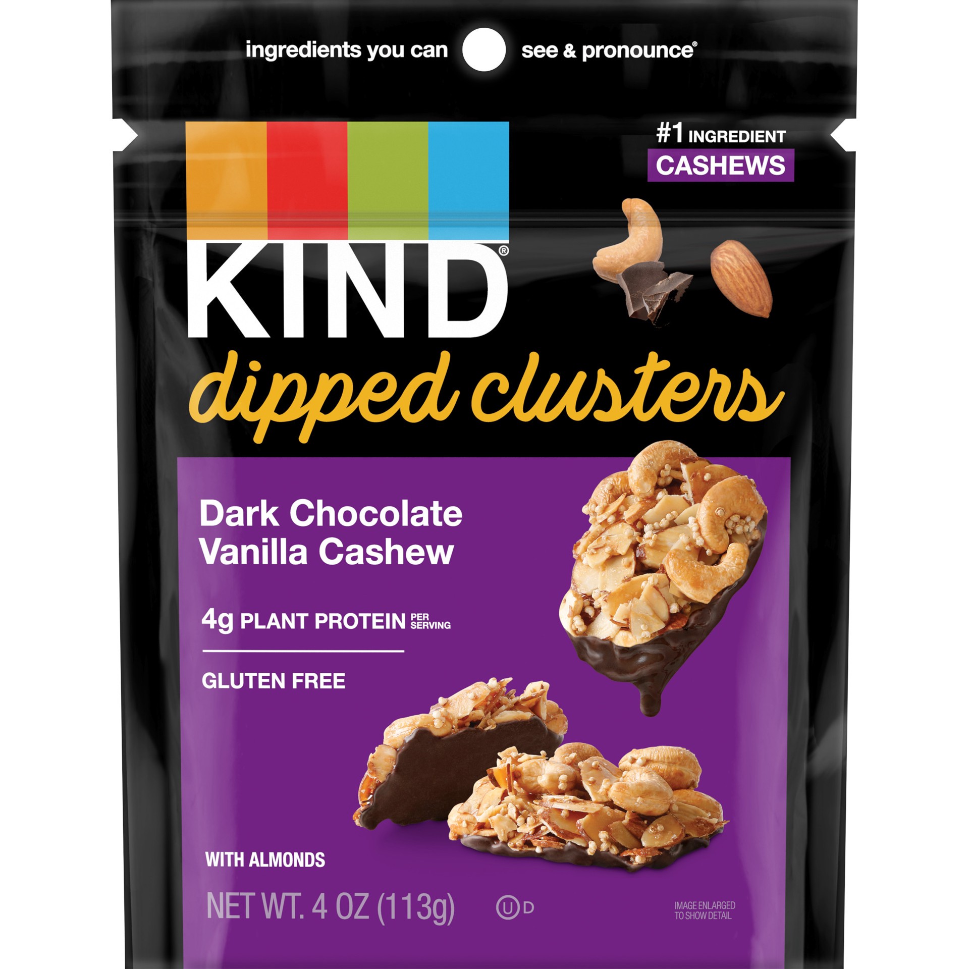 slide 1 of 9, KIND Dipped Clusters, Dark Chocolate Vanilla Cashew, 4g Protein, Snack Mix, 4 OZ, 4 oz