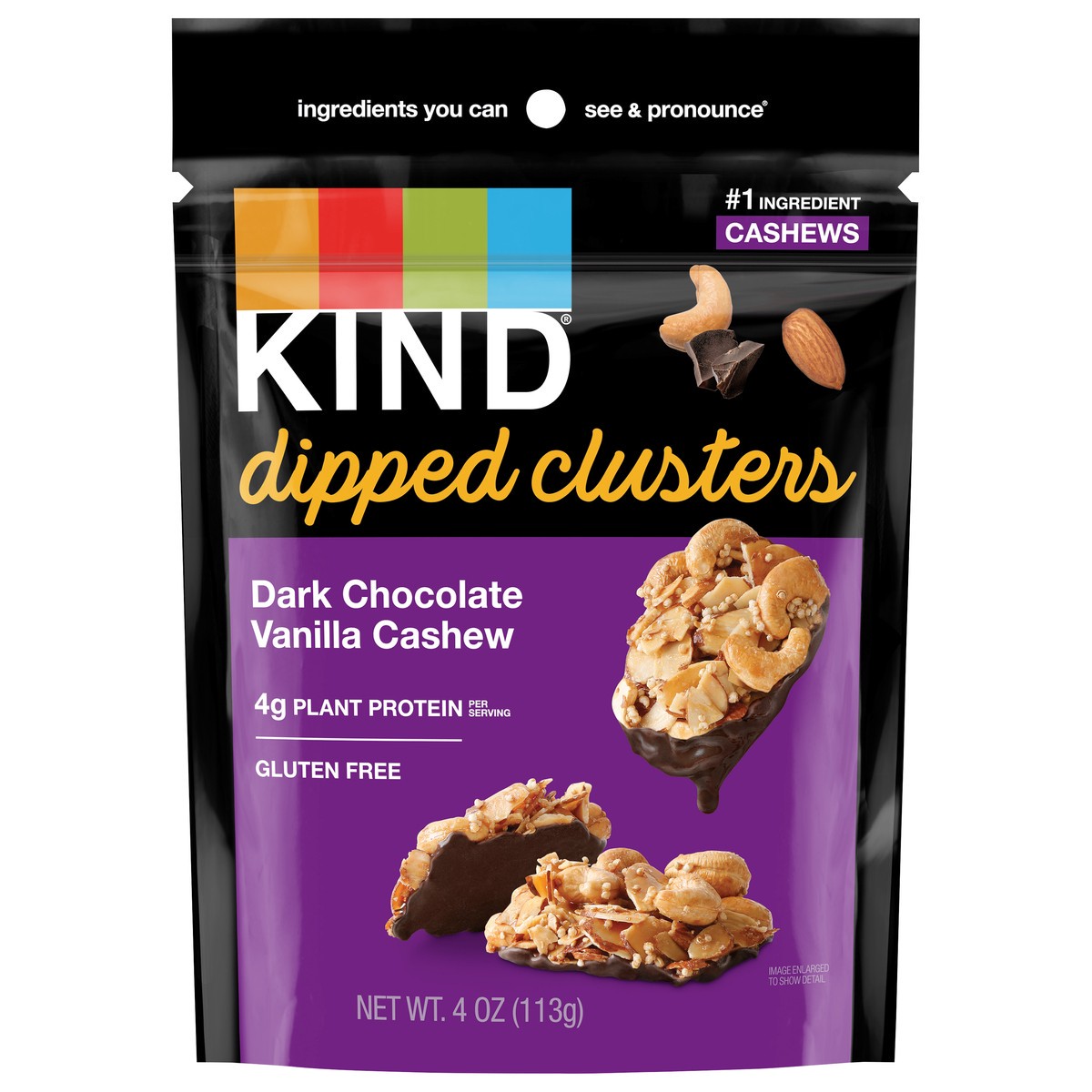 slide 1 of 9, KIND Dipped Clusters, Dark Chocolate Vanilla Cashew, 4g Protein, Snack Mix, 4 OZ, 4 oz