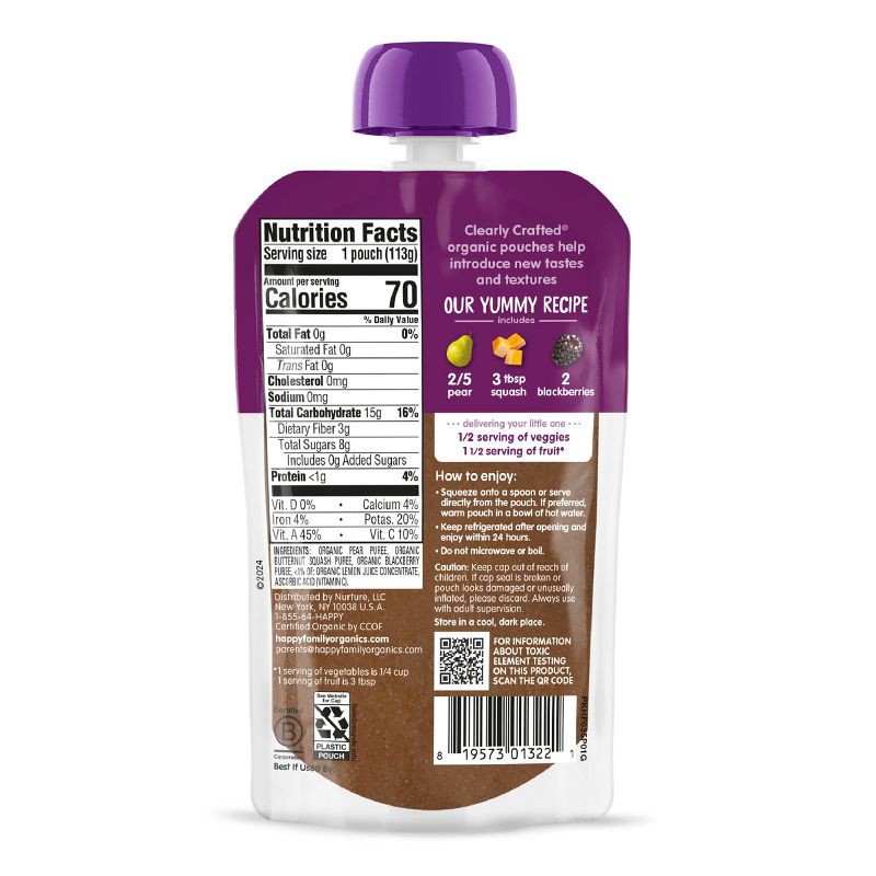 slide 2 of 8, Happy Baby Organics Clearly Crafted Stage 2 Pears, Squash & Blackberries - 4oz, 4 oz