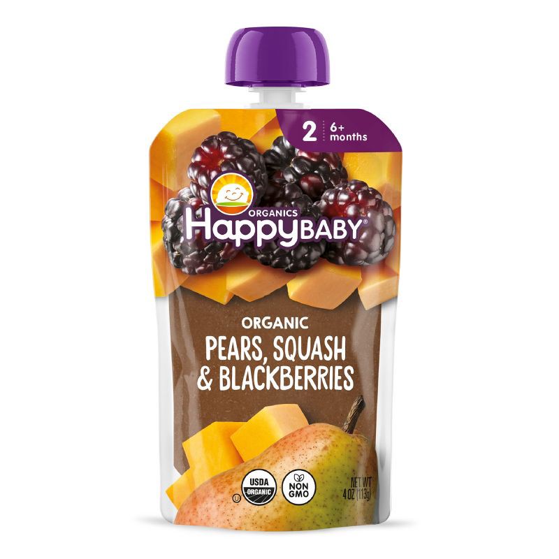 slide 1 of 8, Happy Baby Organics Clearly Crafted Stage 2 Pears, Squash & Blackberries - 4oz, 4 oz