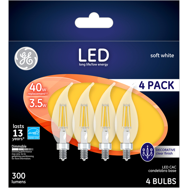 slide 1 of 1, GE Soft White 40W Replacement LED Light Bulbs Decorative Clear Bent Tip Candelabra Base CAC, 1 ct