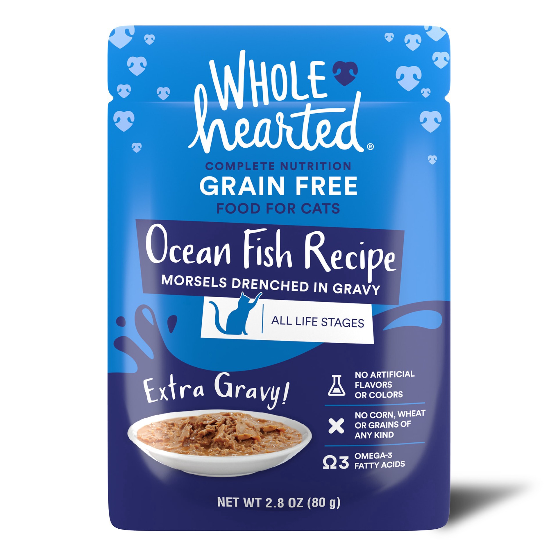 slide 1 of 1, WholeHearted All Life Stages Grain-Free Ocean Fish Recipe Morsels in Extra Gravy Wet Cat Food, 2.8 oz., 2.8 oz