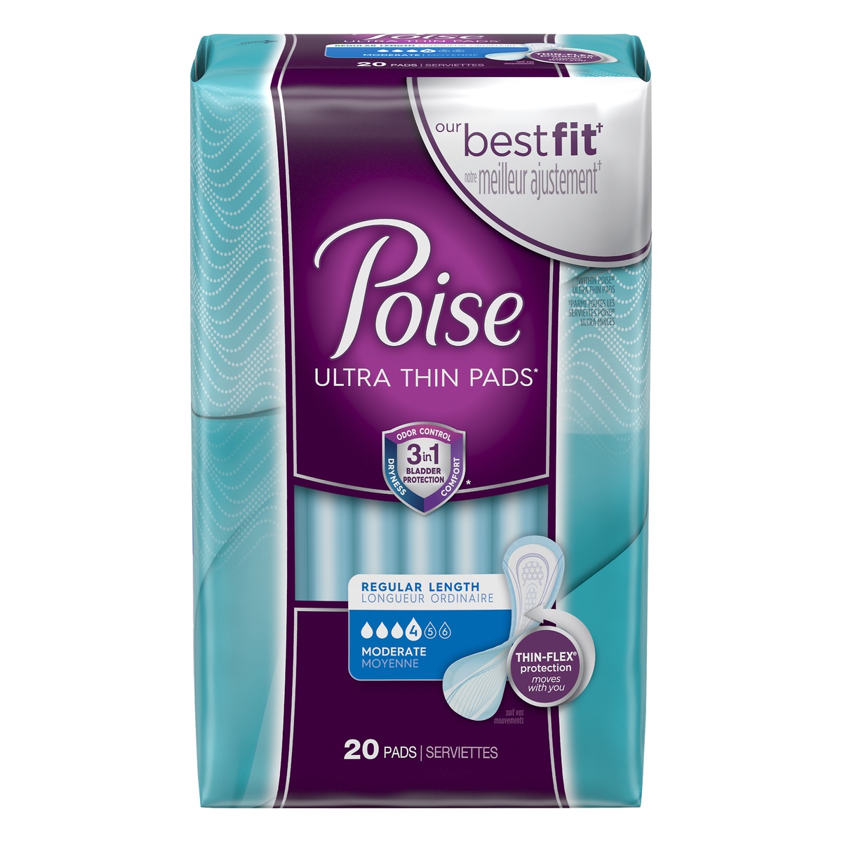 slide 1 of 1, Poise Thin-Shape Moderate Absorbency Pads, 20 ct