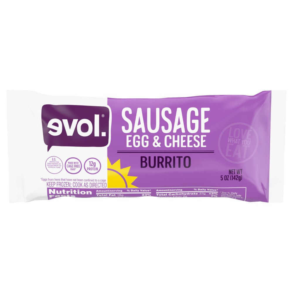 slide 1 of 3, EVOL Evol Sausage Egg & Cheese Burrito, Frozen Breakfast Burrito, 5 oz., 5 oz