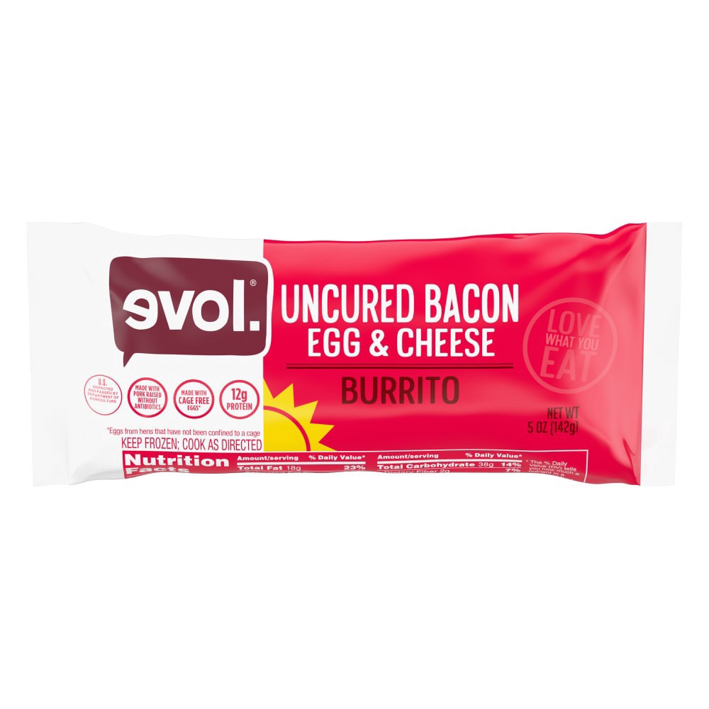 slide 1 of 1, EVOL Evol Uncured Bacon Egg & Cheese Burrito\, Frozen Breakfast Burrito\, 5 oz., 5 oz