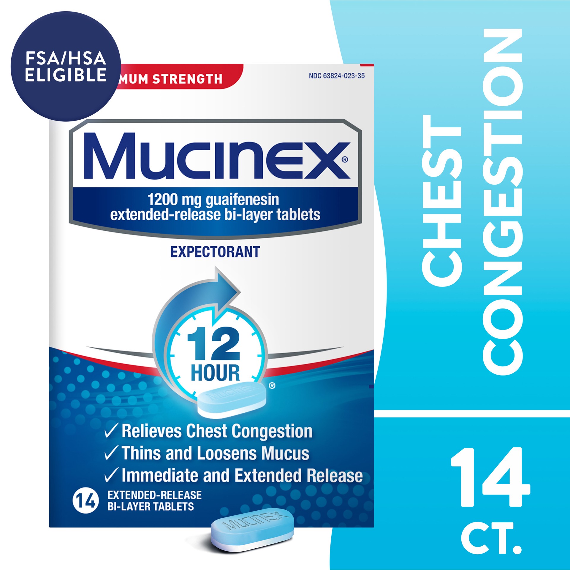 slide 1 of 2, Mucinex Maximum Strength 12-Hour Chest Congestion Expectorant Tablets, 14 Count, 14 ct