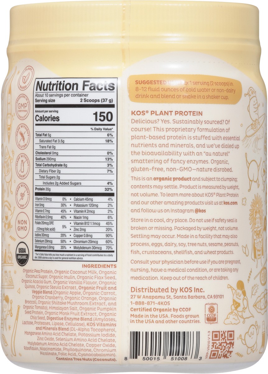 slide 9 of 11, KOS Organic Vanilla Flavored Plant Protein 13.05 oz, 13.05 oz