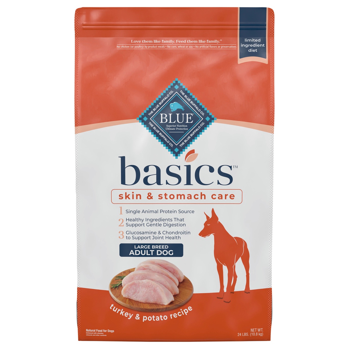 slide 1 of 1, Blue Buffalo Basics Skin & Stomach Care, Natural Adult Large Breed Dry Dog Food, Turkey & Potato 24-lb, 24 lb