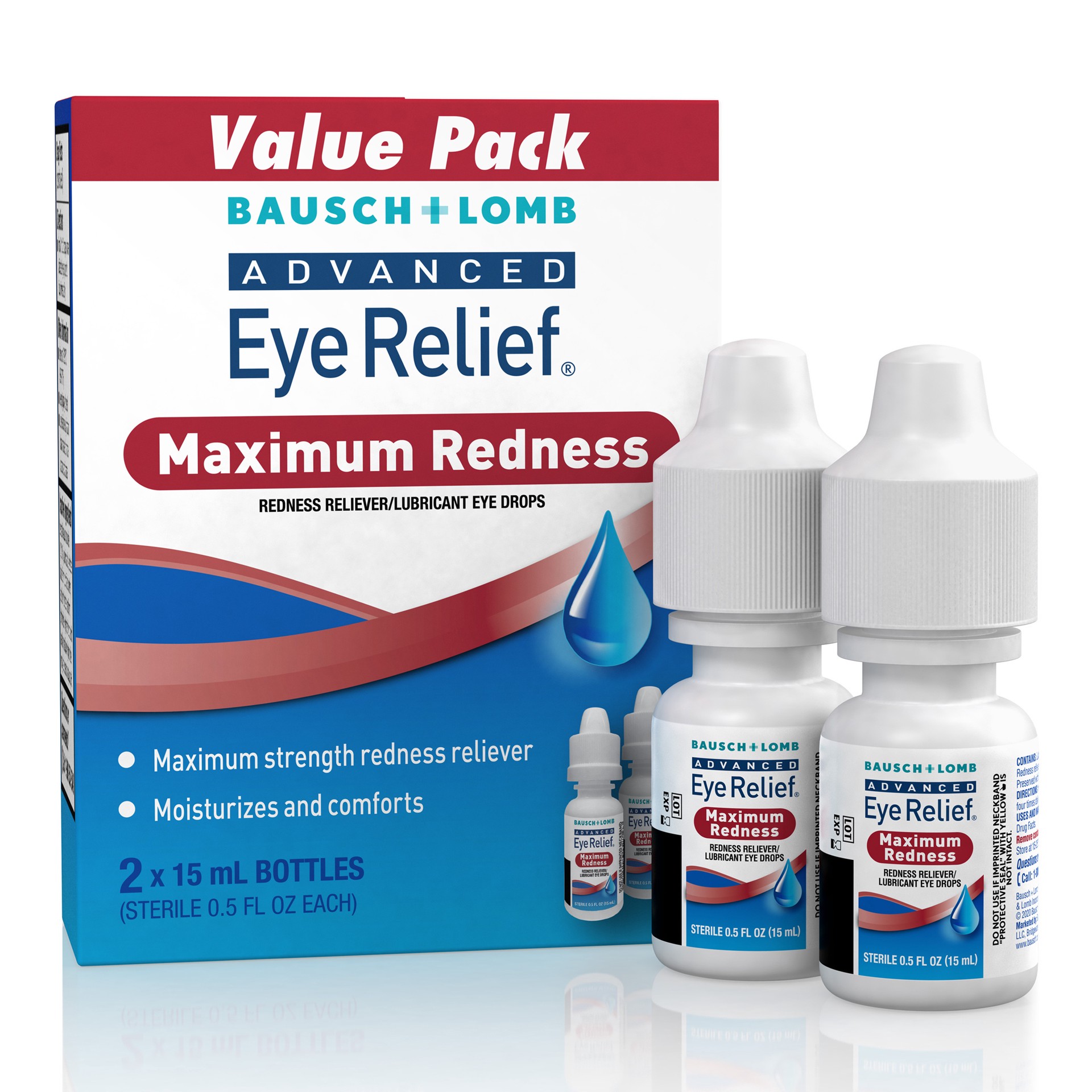 slide 1 of 2, Advanced Eye Relief Maximum Redness, Redness Reliever Lubricant Eye Drops from Bausch & Lomb, for Dry Eyes & Redness Relief, 2 x 0.5 Fl Oz (30 mL Total), 2 ct; 15 ml