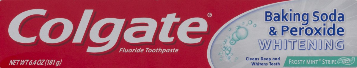 slide 4 of 9, Colgate Baking Soda & Peroxide Whitening Toothpaste, Fluoride, Frosty Mint Stripe, Gel, 6.4 oz