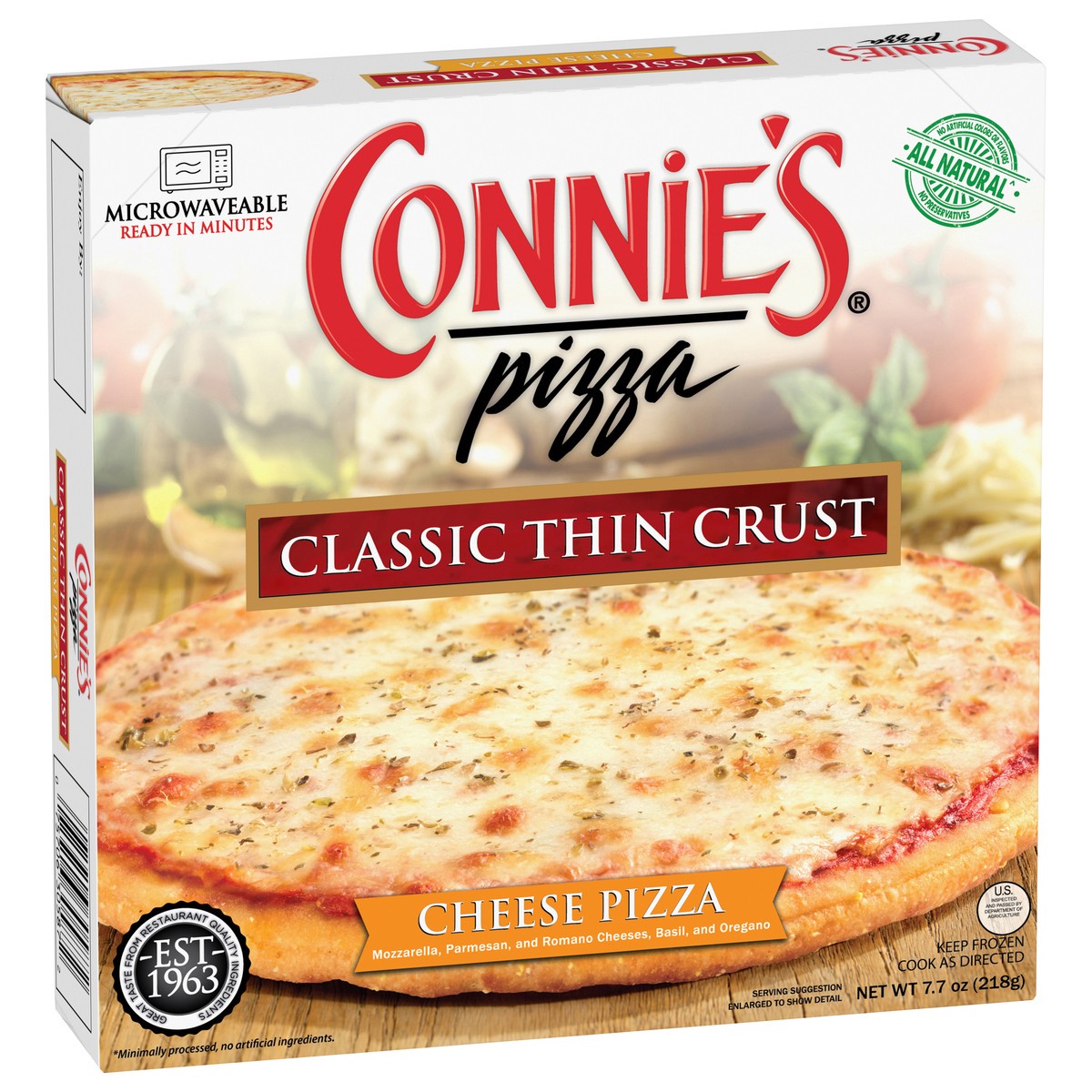 slide 2 of 13, Connie's Cheese Classic Thin Crust Pizza, 7.7 oz