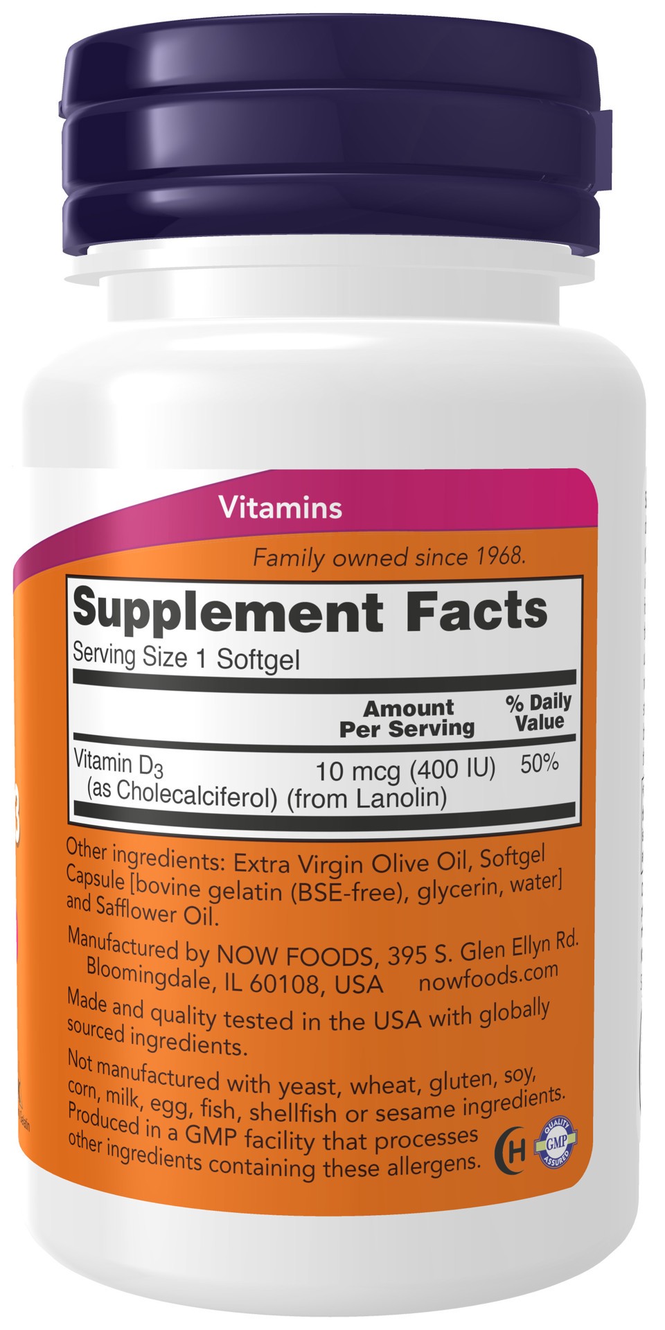 slide 4 of 4, NOW Vitamin D-3 400 IU - 180 Softgels, 180 ct