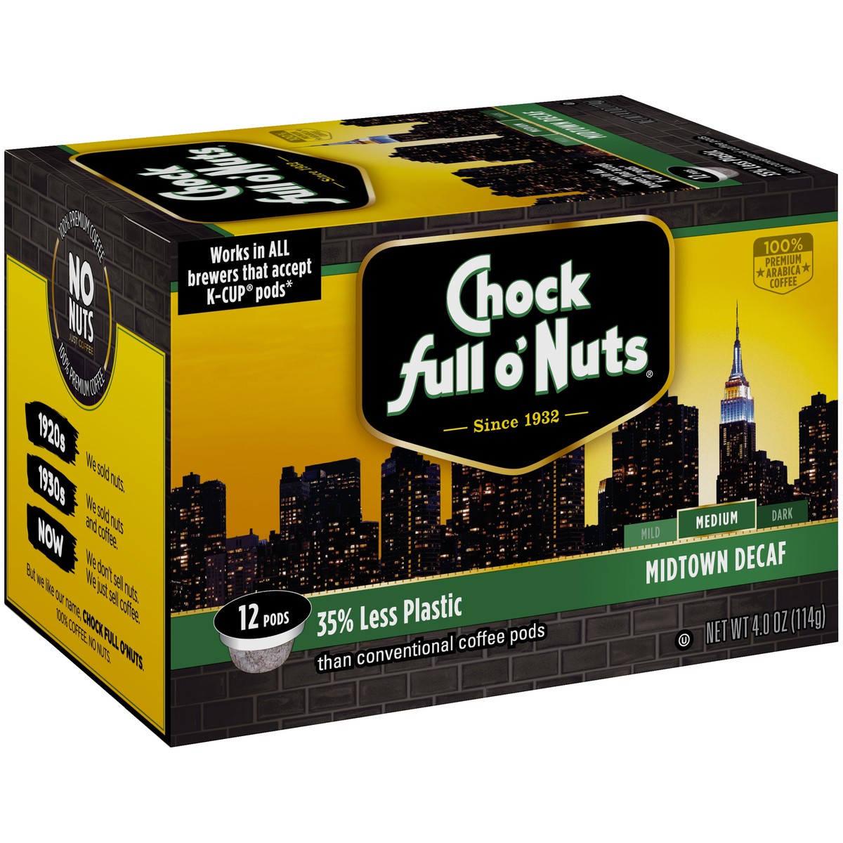 slide 2 of 9, Chock Full O' Nuts Midtown Decaf Medium Roast Coffee Single Serve Pods - 4 oz, 4 oz