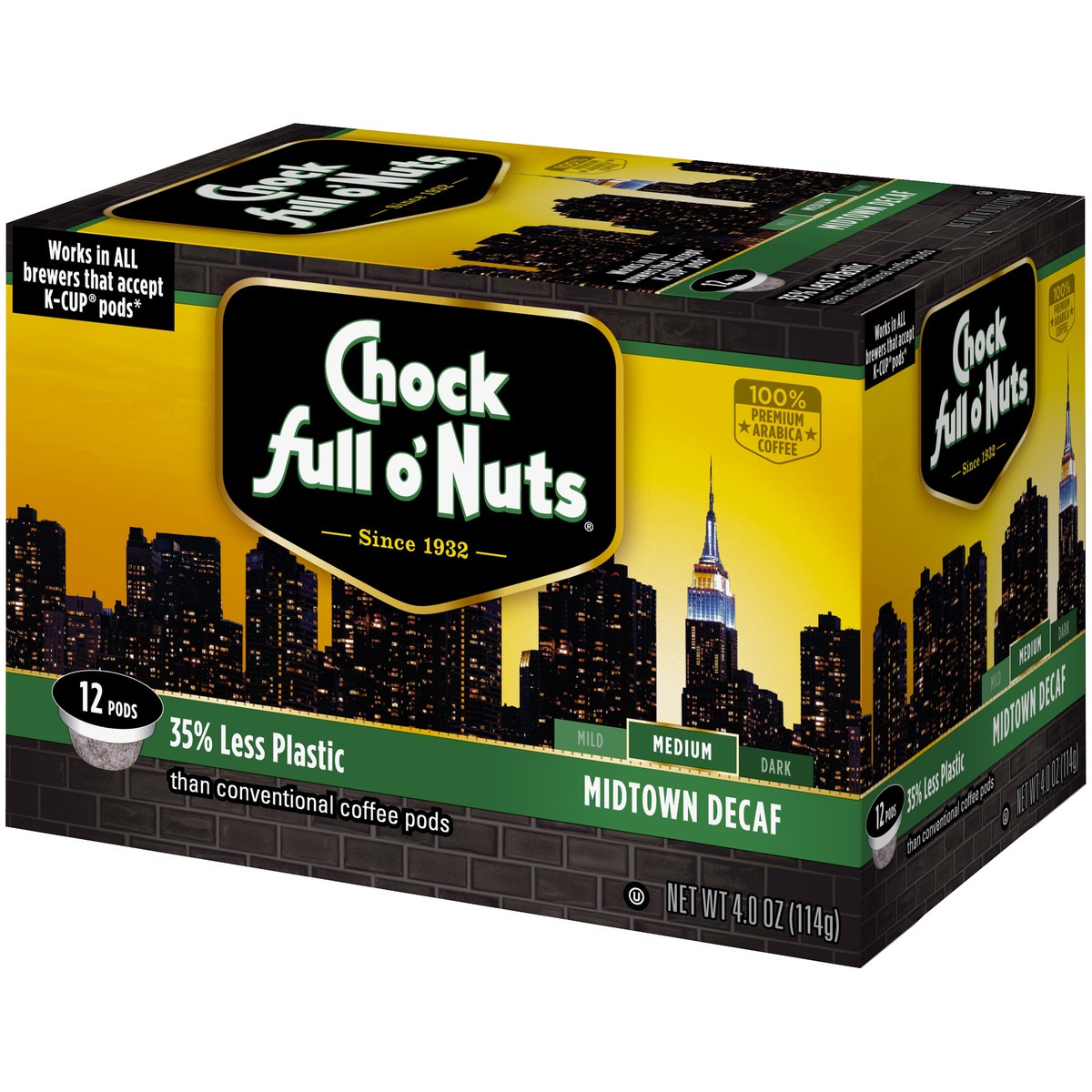 slide 3 of 9, Chock Full O' Nuts Midtown Decaf Medium Roast Coffee Single Serve Pods - 4 oz, 4 oz