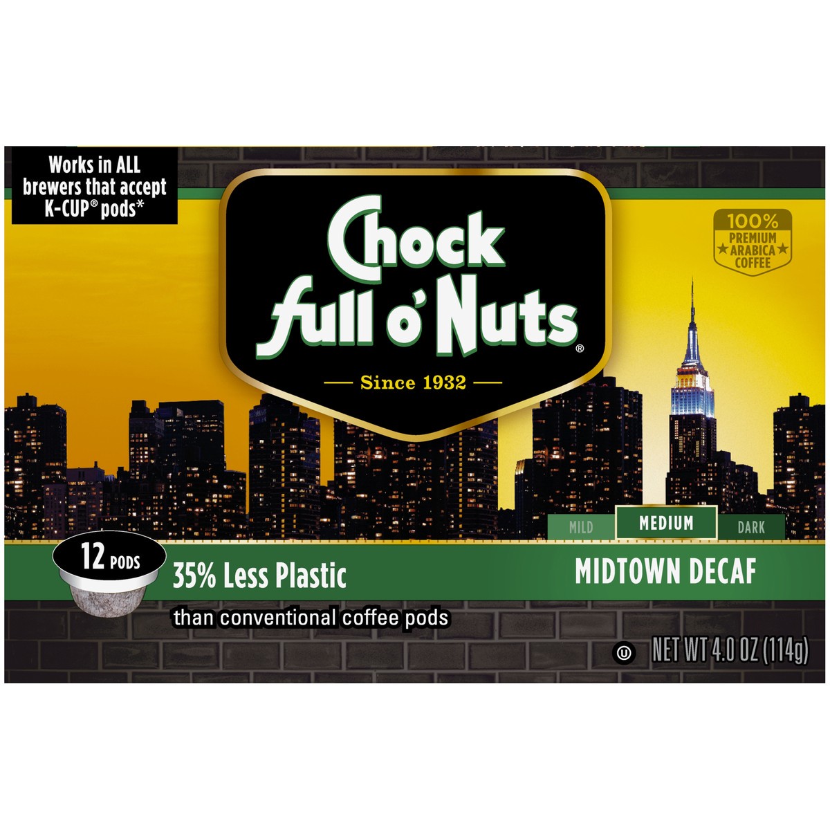 slide 1 of 9, Chock Full O' Nuts Midtown Decaf Medium Roast Coffee Single Serve Pods - 4 oz, 4 oz