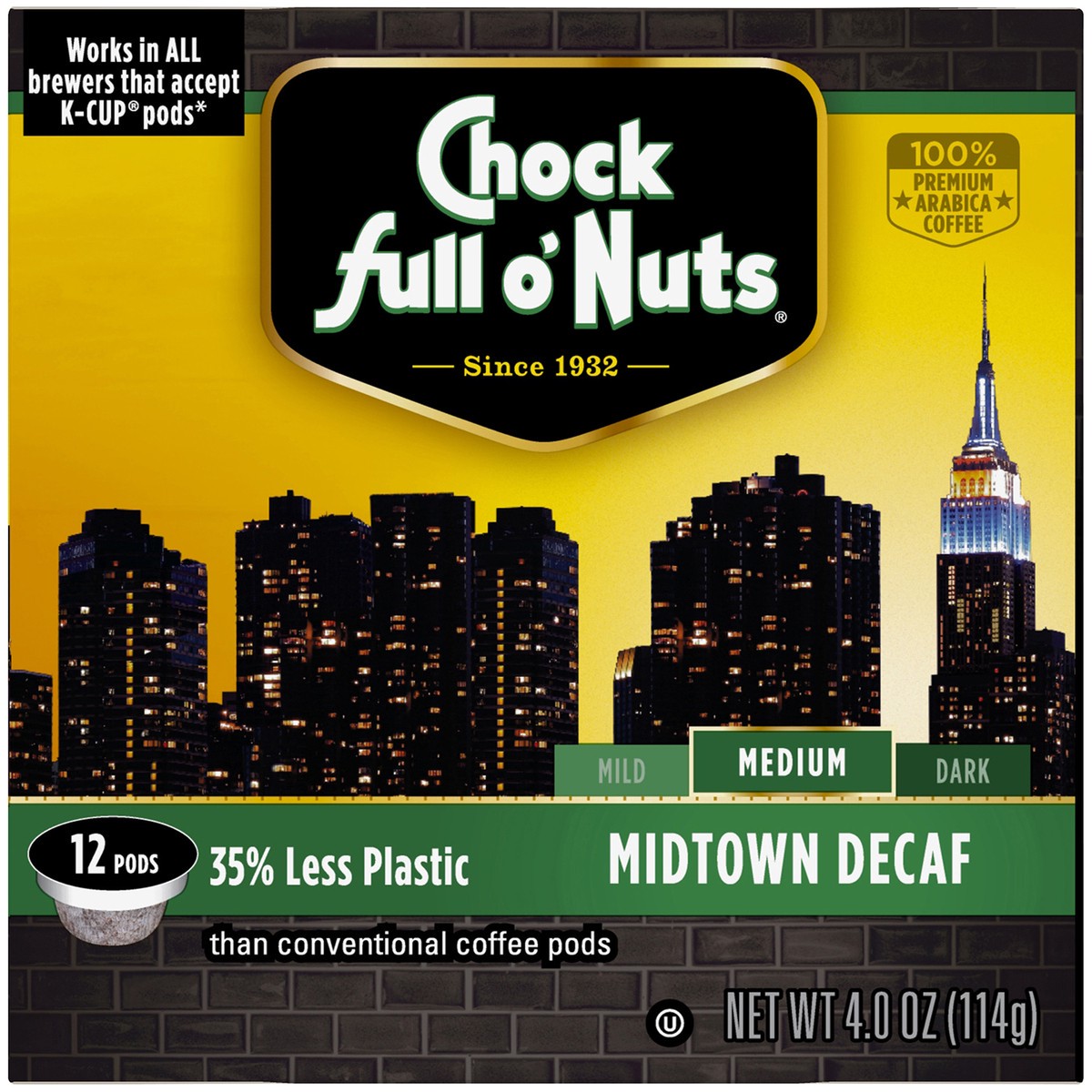 slide 7 of 9, Chock Full O' Nuts Midtown Decaf Medium Roast Coffee Single Serve Pods - 4 oz, 4 oz