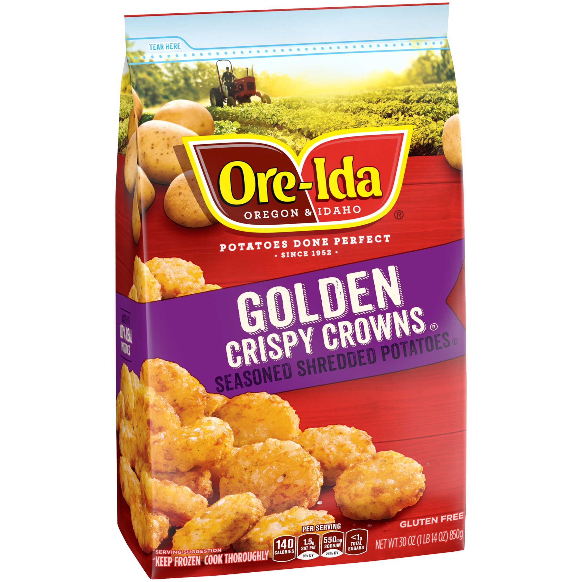slide 4 of 8, Ore-Ida Golden Crispy Crowns Seasoned Shredded Frozen Potatoes, 30 oz
